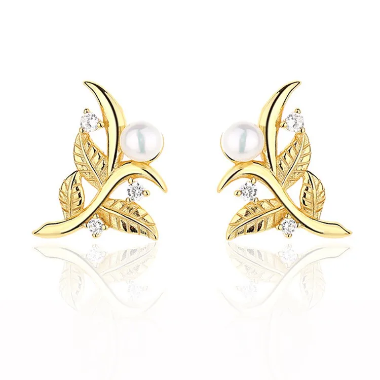 

EZ-27 ZFSILVER 925 Silver Korean Fashion Luxury Gold Branch Leaf Natural Freshwater Pearl Earrings Jewelry Women Match-all Gift