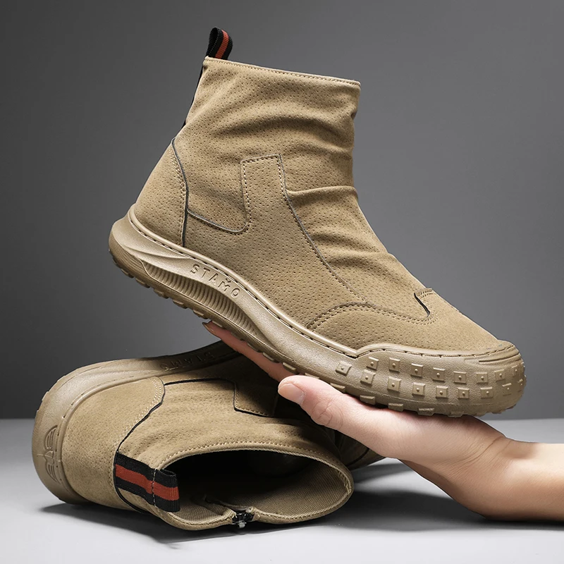 Men's Snow Boots High Top Winter Shoes Autumn New Zipper Pleated Non Slip Comfort Thick Soled Wear-resistant Fashion Flat Boots