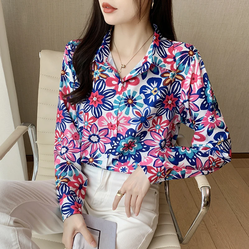 

2023 Vintage Printed Loose Shirt Tops Blouse Camisa Feminina Casual Beach Holiday Shirt