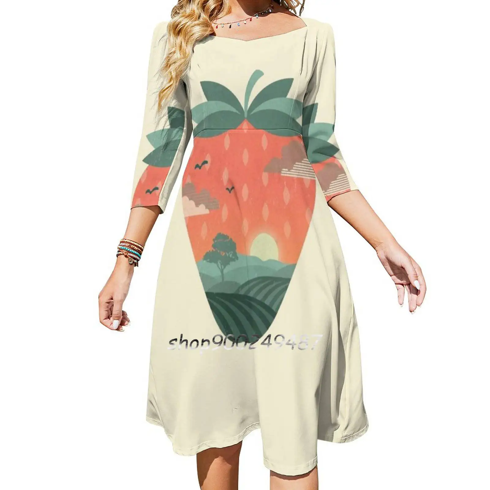 Strawberry Fields Evening Party Dresses Midi Sexy Dress Female Sweet One Piece Dress Korean Sunset Nature Strawberry Fruit