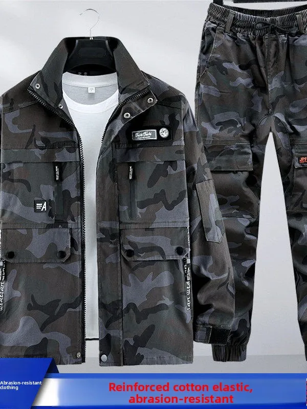 

Весенне-осенний рабочий костюм из чистого хлопка с эластичной камуфляжной тканью, утолщенный, для сварки, с защитой от ожогов, для мужчин