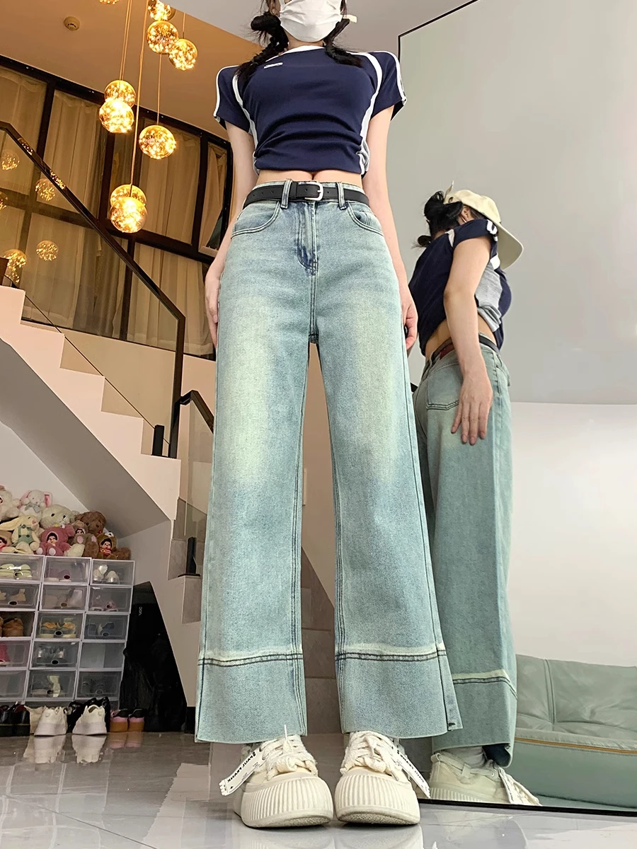 

Light Wash Straight Leg Nine-Tenths Jeans Women's High Waist Design Sensation Slimming Loose Wide Leg Pants Spring 2025
