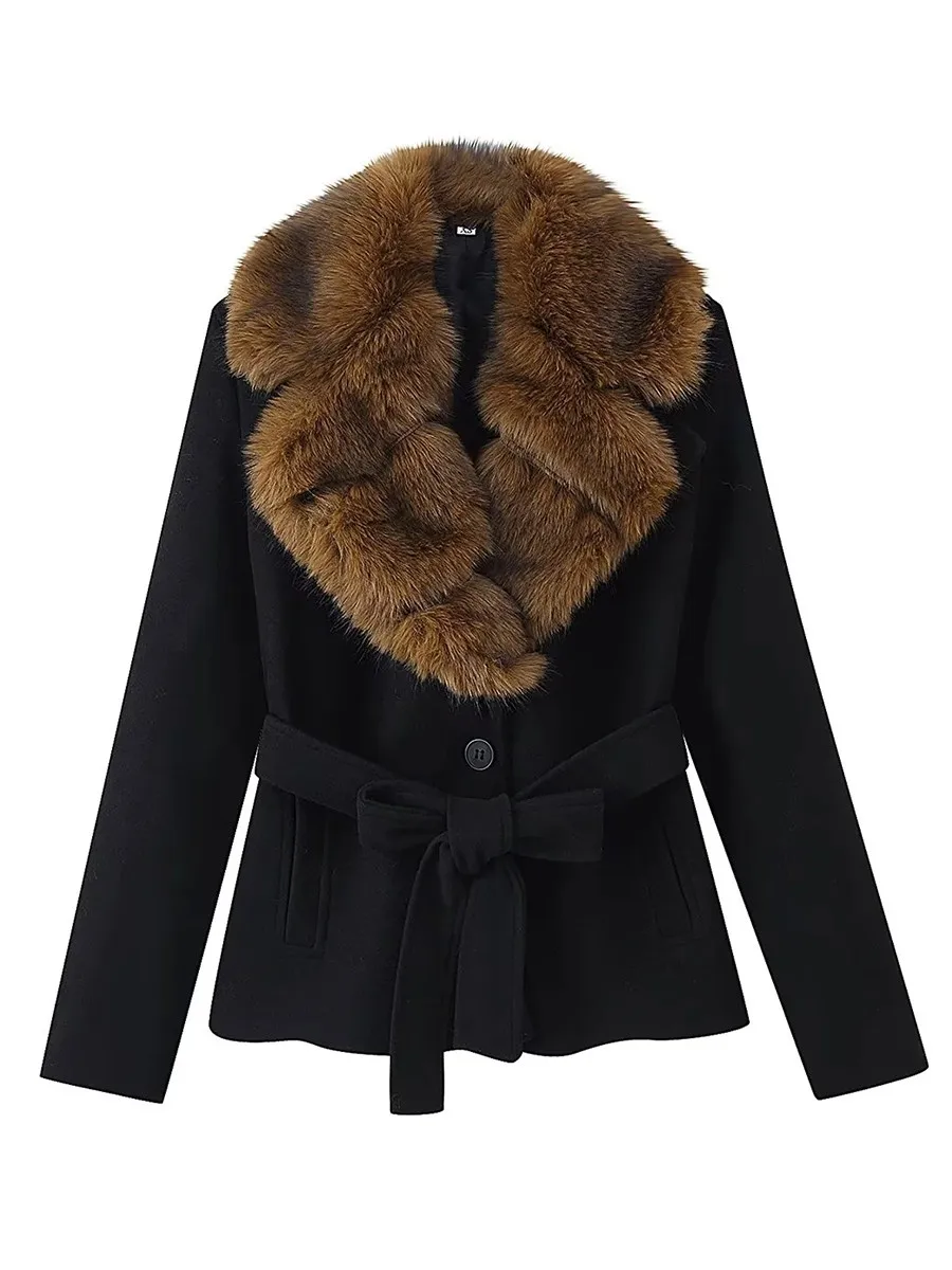 TWOTWINSTYLE موضة التخسيس تقسم الفراء طوق جاكيتات للنساء التلبيب كم طويل المرقعة الدانتيل يصل مزاجه سترة الإناث #4