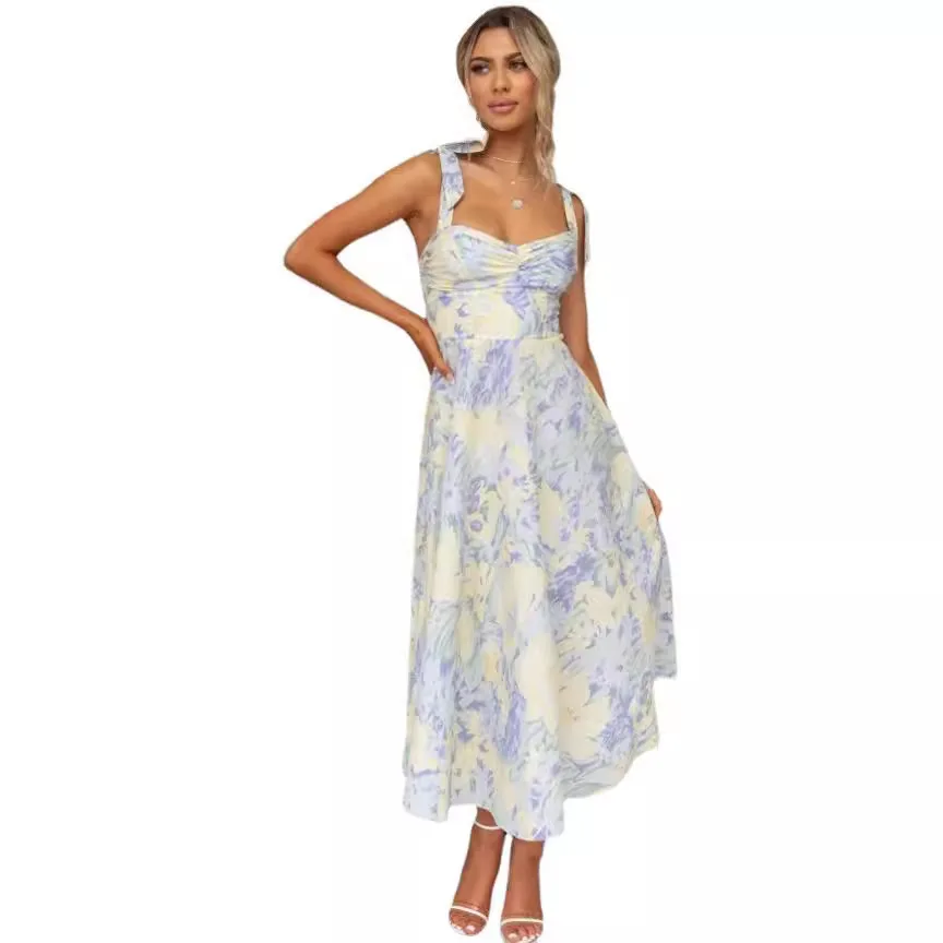 Summer Sexy Suspender Dress For Women New Bow Tie Suspender Dress Slimming Waist V-neck Printed Mid-length Dress For Women