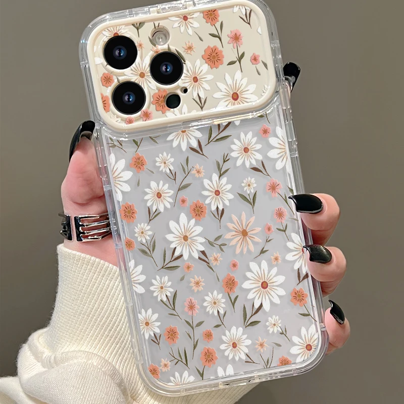 Funda para Teléfono con Lente de Espejo Abatible, Diseño Floral Vintage con Margaritas, Transparente, para iPhone 17 16 15 14 13 12 11 Pro Max
