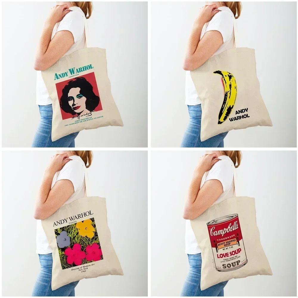 TB14 Vintage Art Andy Warhol Shoulder Shopper Bag Abstract Women Shopping Bags Double Print Casual Lady Canvas