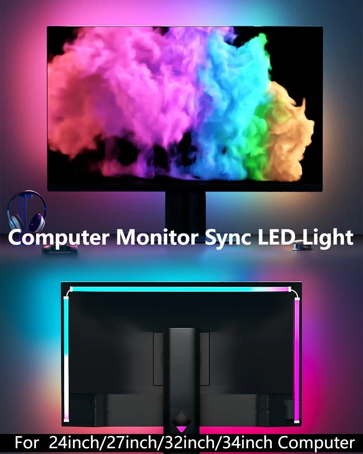 Longlight RGB Computer Monitor Sync LED Backlight with Adhesive, Immersion PC Strip Light for Gaming Decor, Christmas Gifts