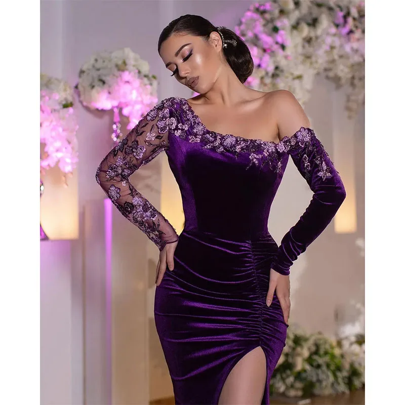 Vestido de noche plisado de sirena púrpura con hombros descubiertos, vestidos de graduación con abertura lateral, mangas largas, vestido Formal con apliques de tren de barrido