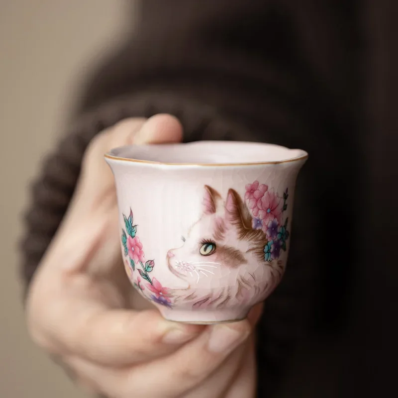 Pink Ru Flower Cat Ceramic Teacup Rich Cup Flower Mouth Cup Opening Film Raising TeaSet Tea Tasting Cup Gift KungFu Tea Ceremony