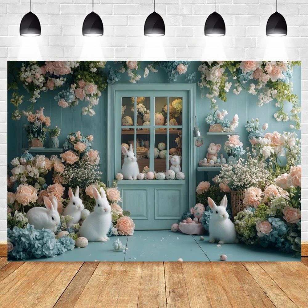 Primavera páscoa pano de fundo flores coelhos ovos loja interior chá de bebê crianças retrato festa de aniversário fotografia fundo decoração