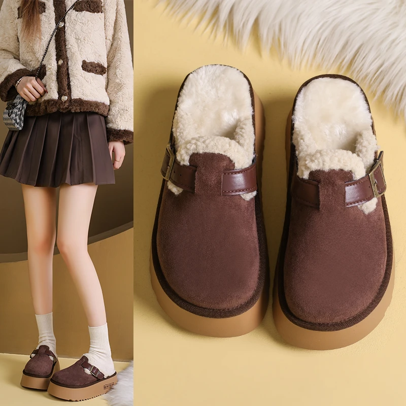 

2025 новые женские стильные и теплые тапочки высокого качества, полутапочки на толстой подошве, уличная зимняя версия, плюшевые хлопковые тапочки