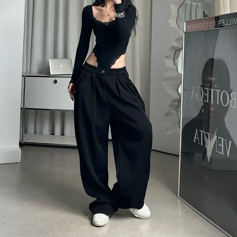 QWEEK Oversized Women Grey Sweatpants Y2k America Style Retro Baggy Pants Casual Sports Streetwear Hip Hop Trousers Joggers