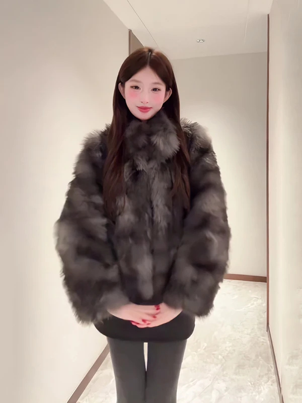 

Новая женская шуба из меха на осень-зиму, с градиентным цветом, теплая, с воротником-стойкой, длинными рукавами, для повседневной носки на улице, утолщенная