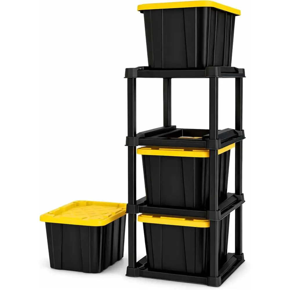 

4-ярусная пластиковая стойка для хранения с 4 контейнерами по 27 галлонов для гаражей, мастерских и подвалов