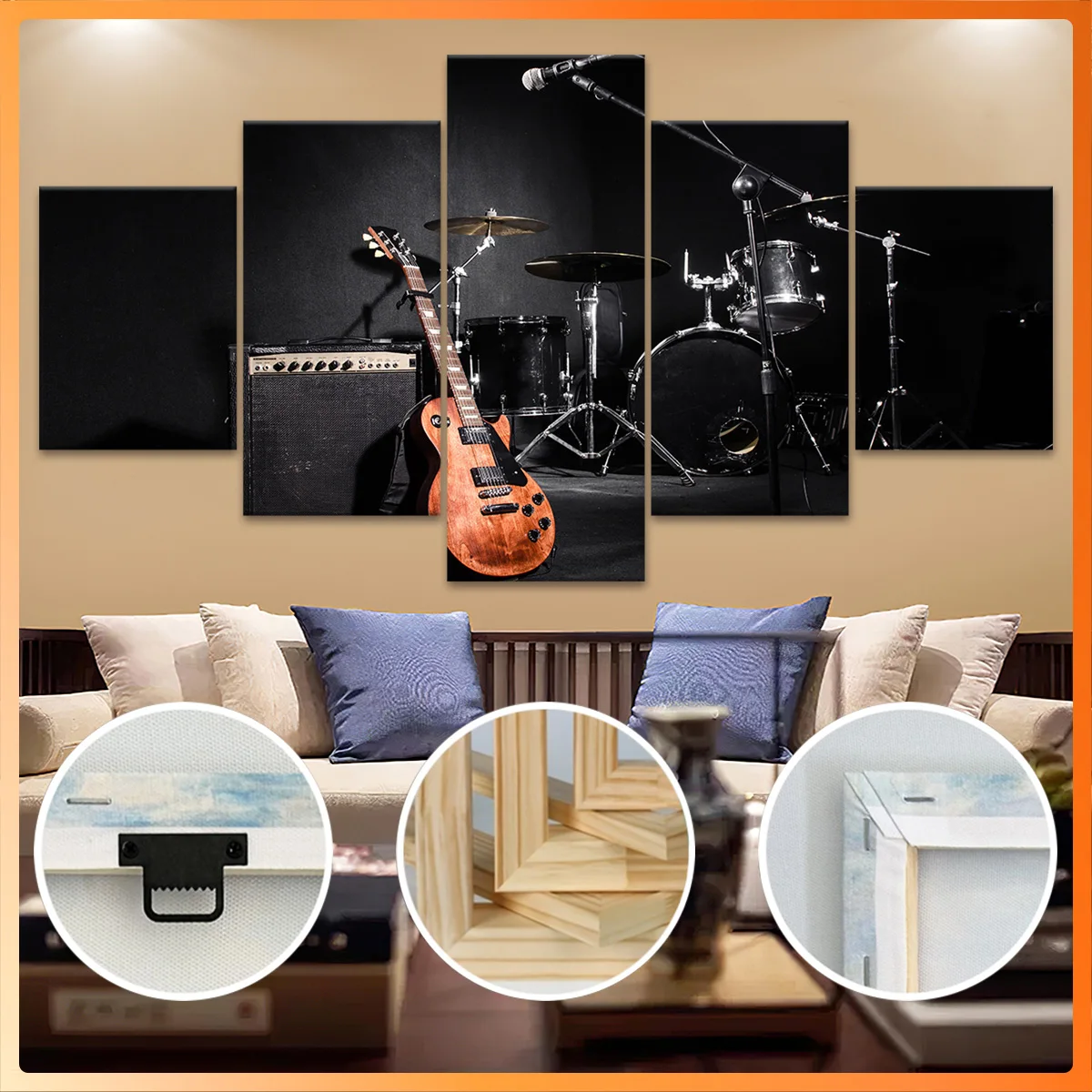 

5pcs Wooden Framed Canvas, Rock Band Instruments Setup, Fashion Poster, Art for Home Decoration, Pattern Wall Art