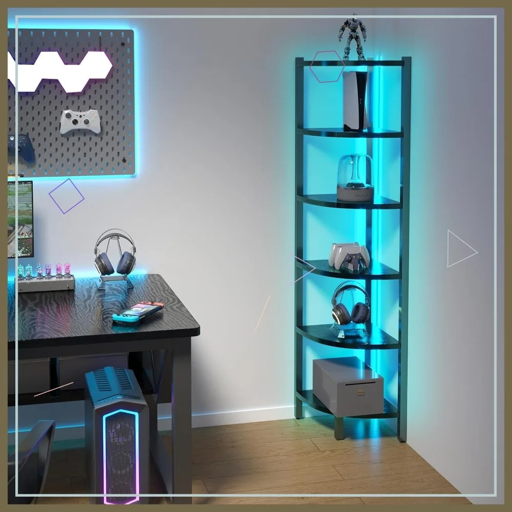 

6-Tier Corner Shelf with LED Lights, Steel Frame Display Stand for Living Room, Bedroom, Study in Black