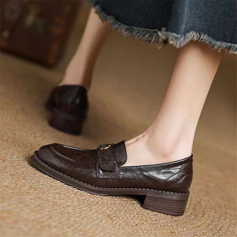 Autumn Women Loafers Genuine Leather Shoes for Women Round Toe 3.5cm Low Heel Women Pumps Retro Soft Shoes Women HE01