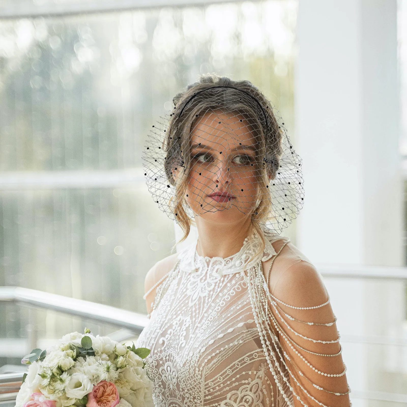 

Black Mesh Veil Headband Rhinestones Pearls Bridal Wedding Veil Fascinator Tea Party Headpiece Women Hair Accessories