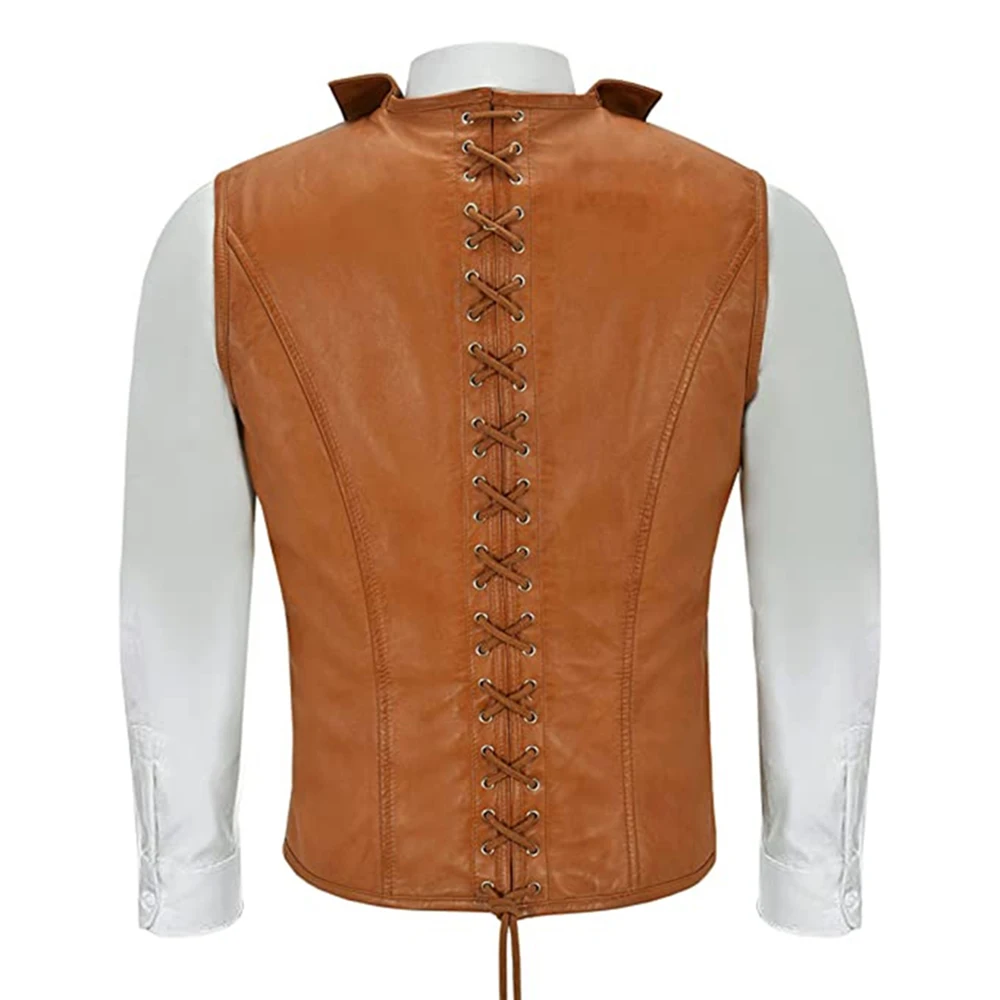 Men'S Retro Leather Vest Single-Breasted Button Solid Sleeveless Top Steampunk Medieval Palace Knight Vest Riding Hip-Hop Jacket