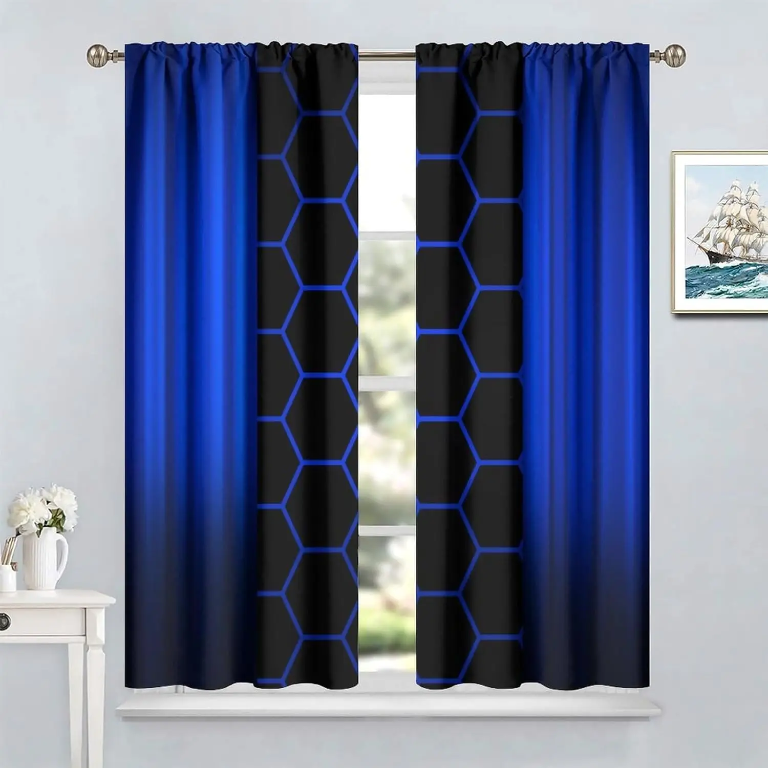 Modern Honeycomb Curtains for Kids Boys Girls Game Bedroom Decor Abstract Geometric Ombre Hexagon Black Blue Neon Lights Printed