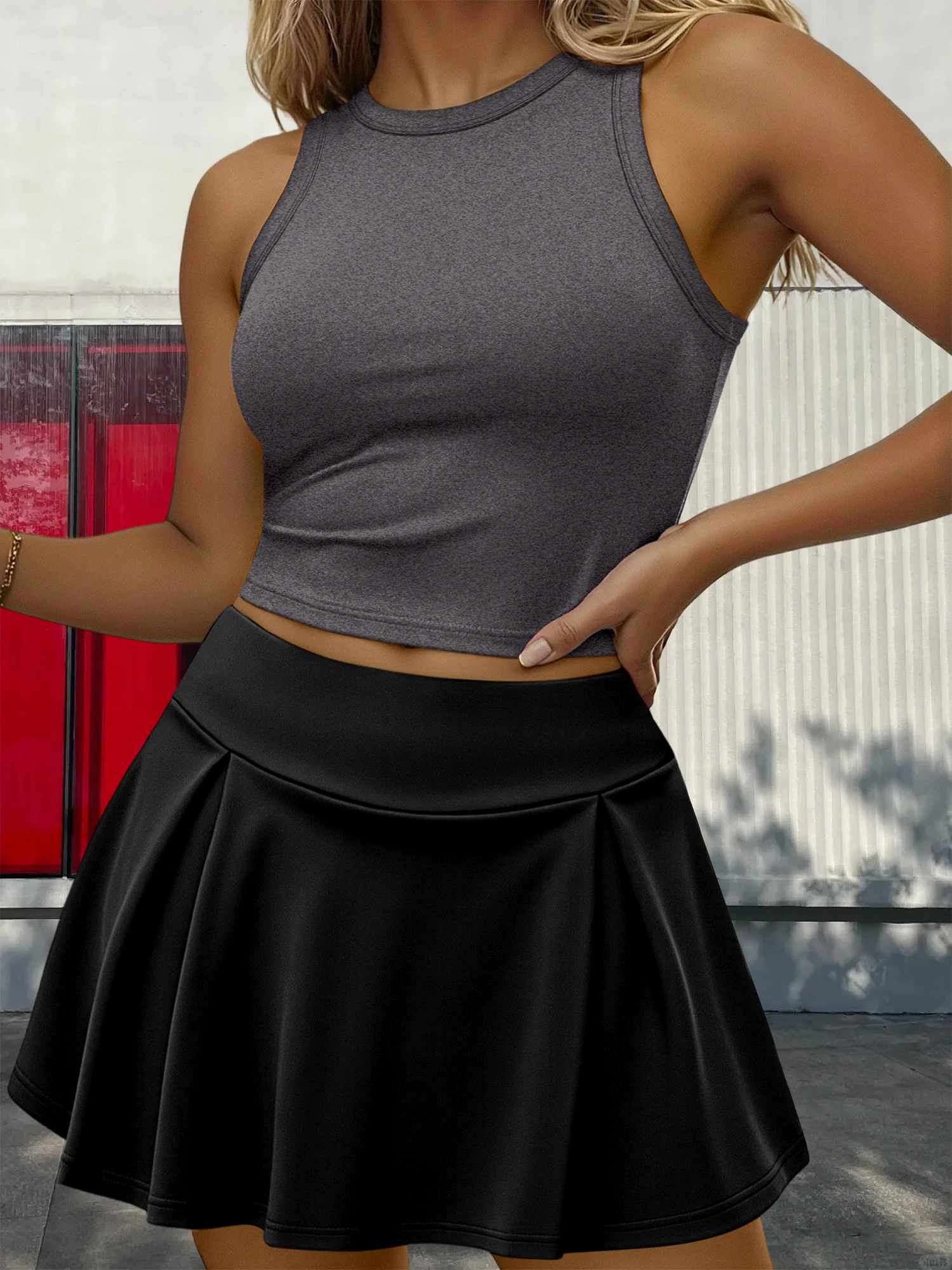 

Stretchy Comfy 2 Piece Outfit Women Sleeveless Crop Top High Waist Flare Skirt Soft Set