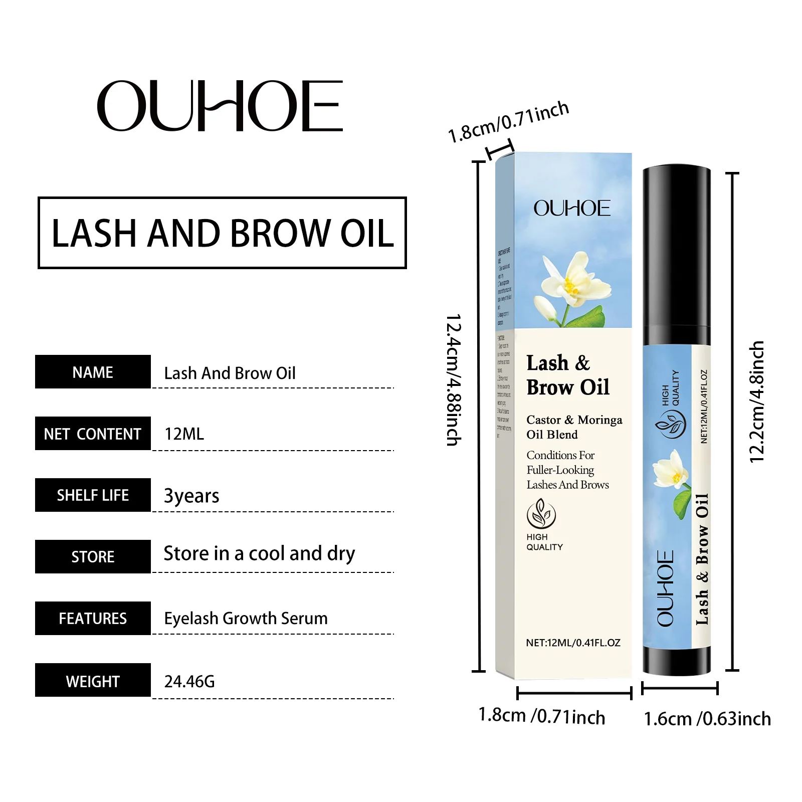 Máscara de pestañas OUHOE de 12ML y aceite para cejas, cuidado de cejas, maquillaje Natural, máscara negra y hermosa, rizada y no fácil de desgarro