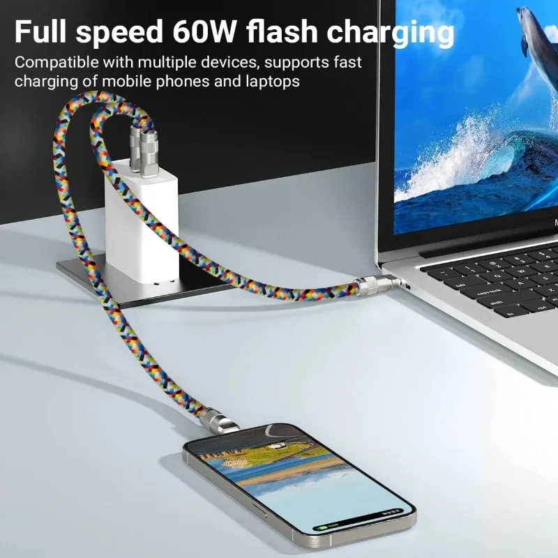 2 in 1 Multifunctional Cell Phone Charger Cable PD 60W Quick Charging Data Line Portable Phone Lanyard Straps with Tether Tabs
