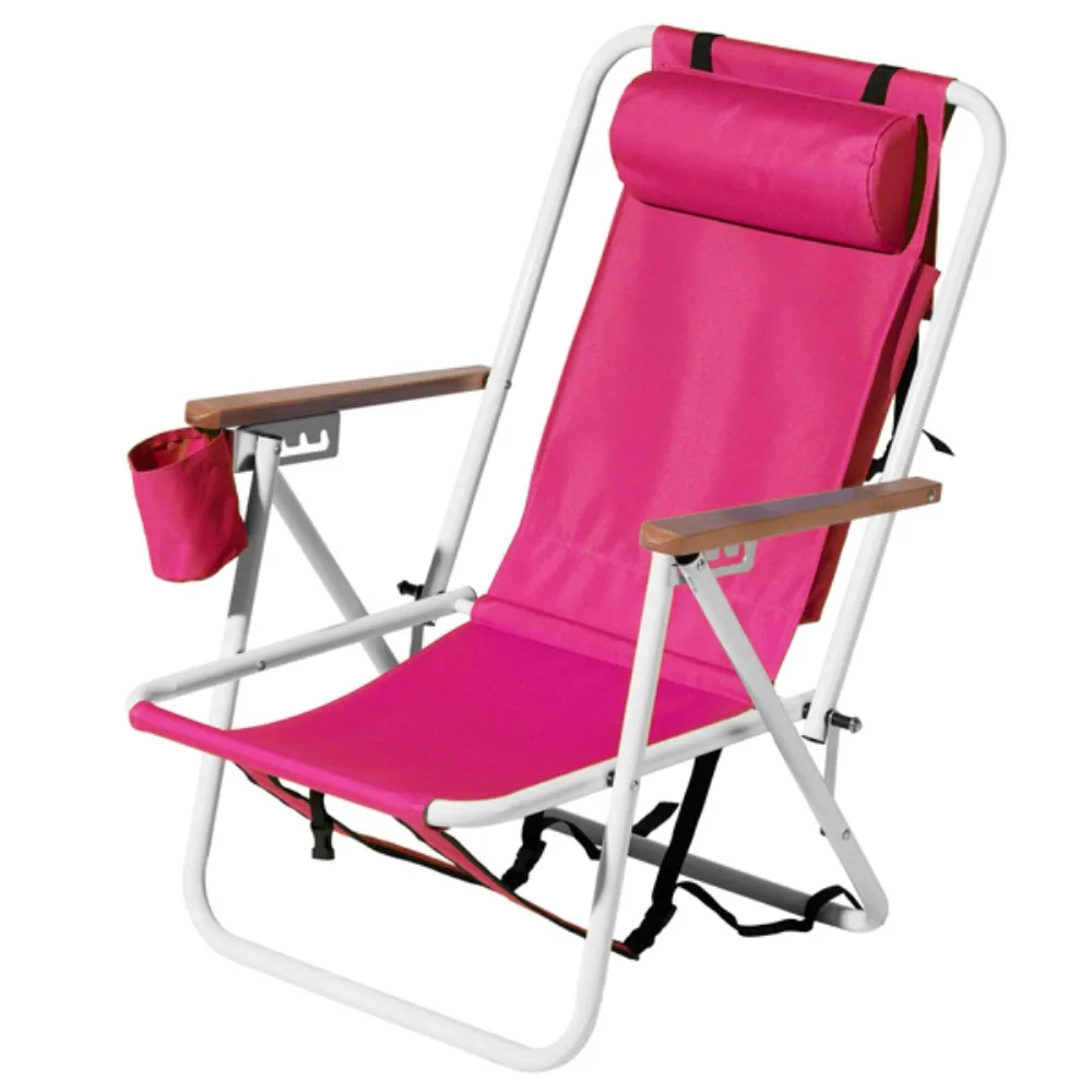 

Folding Beach Chair,4 Position Portable Backpack Foldable Camping Chairs, Wooden Armrests,Camping Furnishings,Pink,Camping Chair