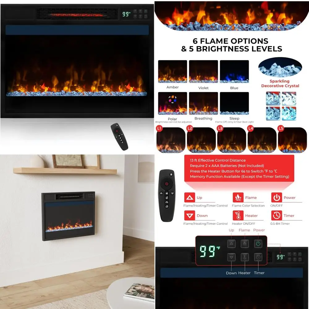 

23 Infrared Quartz Electric Fireplace Insert, 1500W with Remote Control, Recessed Heater, Thermostat, High-Efficiency Home Heate