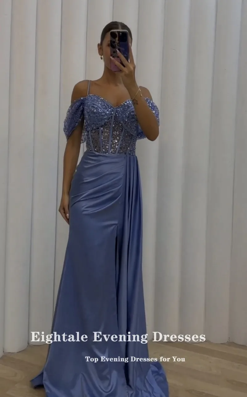 Eightale Luxury Evening Dresses Spaghetti Strap Sequined Mermaid Blue Satin Customized Prom Party Gown Wedding Vestidos De Gala