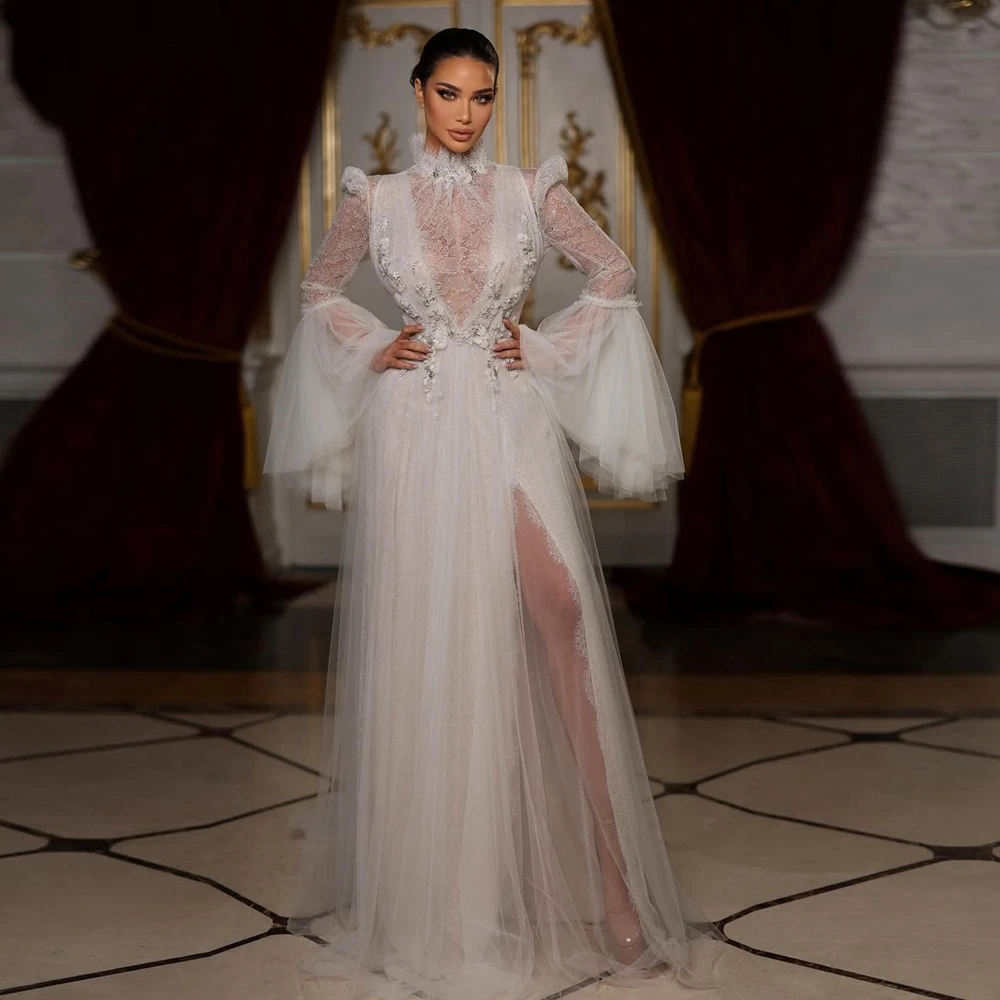 

Dreamlike Mesh Lace Evening Dress High Neck Crystals Appliques Long Formal Party Gowns Side Slit Tulle Prom Pageant Dresses