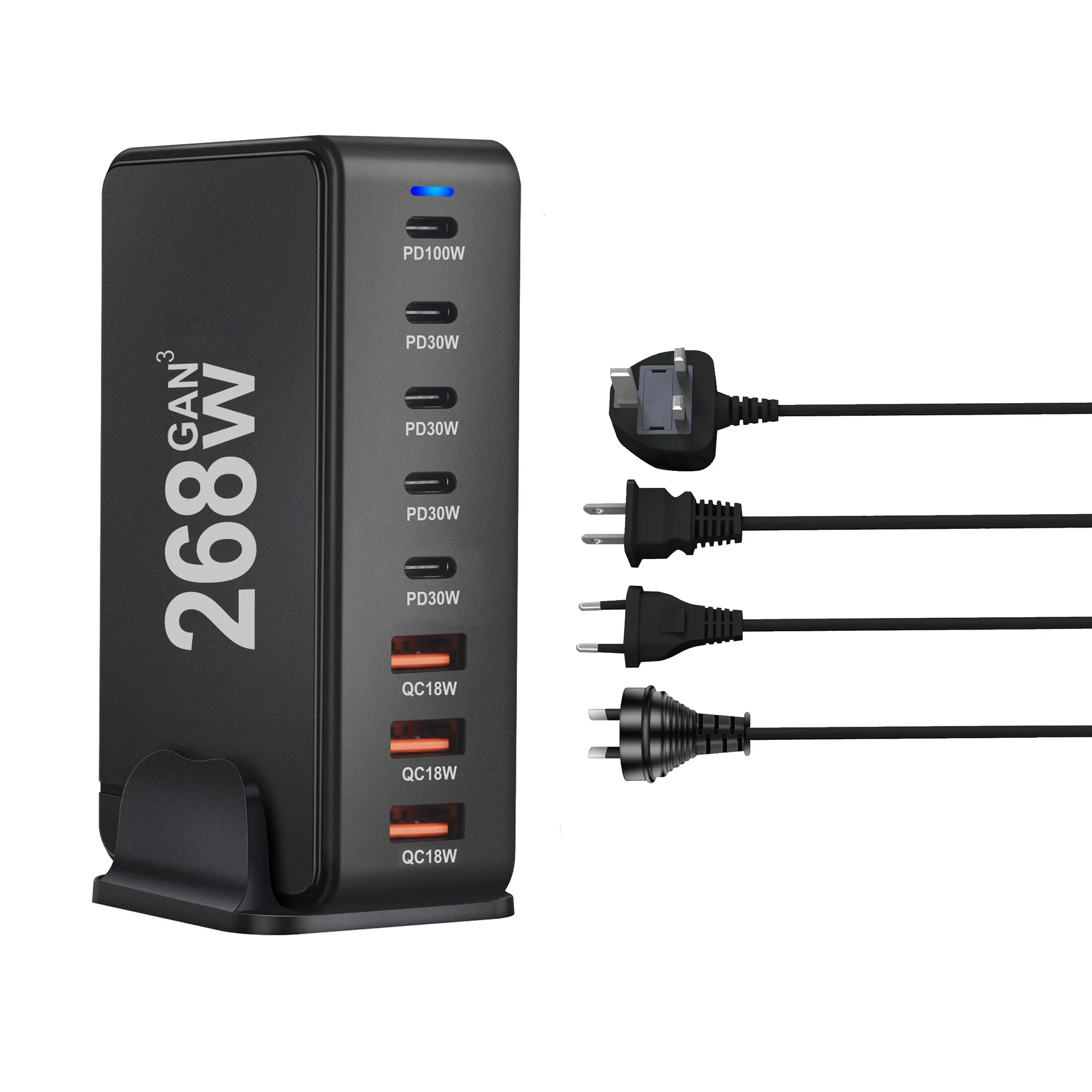 268W 8 Ports USB Type C Quick Charging Dock Stand Desktop PD GaN Fast Charger Adapter For Mobile Phone Laptop US EU AU UK Plug