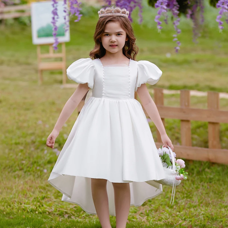 

White Trailing Bridesmaid Dresses For Girl Puff Sleeve Girls Birthday Party Dress Pageant Wedding Prom Gown 3 10Yrs Kids Clothes