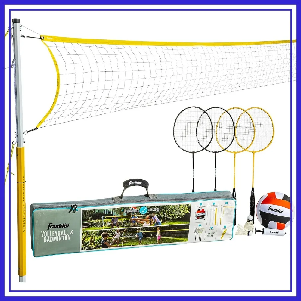 Volleyball & Badminton Combo Set - Backyard & Beach Outdoor Net with Poles, Rackets, Birdies, Volleyball Included