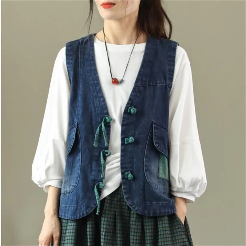 

New Jackets Women's Vest Literary Single-breasted Stitching Denim Vest Spring and Autumn Loose Sleeveless Vest Chinese Coat Top