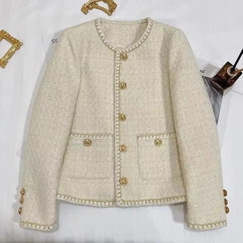 

Spring Ladies Round Neck Coarse Woolen Jacket French Women Fashion Solid Color Top Outwear Autumn Female Long Sleeves Short Coat