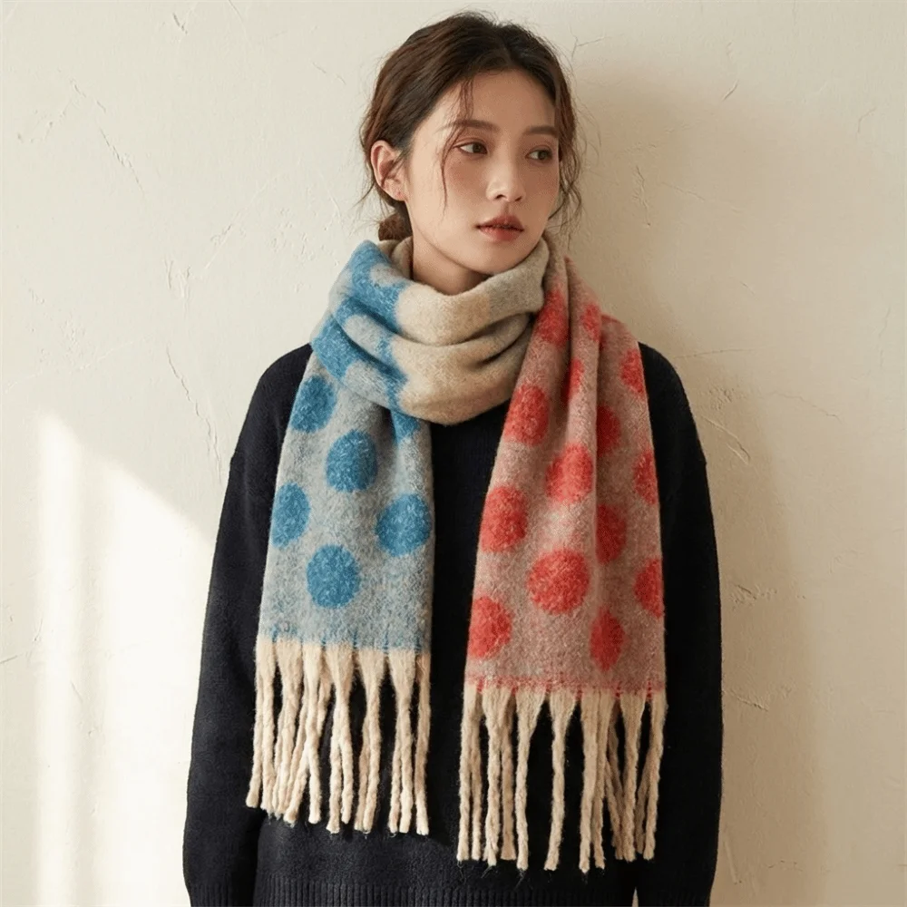Fashion Accessory Soft Faux Cashmere Scarf Warm Fabric Thick Polka Dot Pattern Shawl Retro Style Long Tassels Neck Wrap Women