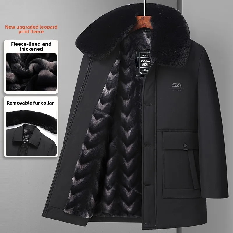 

Men's Winter Thickened Fleece Lined Cotton Jacket Warm Coat with Fur Collar Elderly Casual Wear Detachable Collar Regular Length