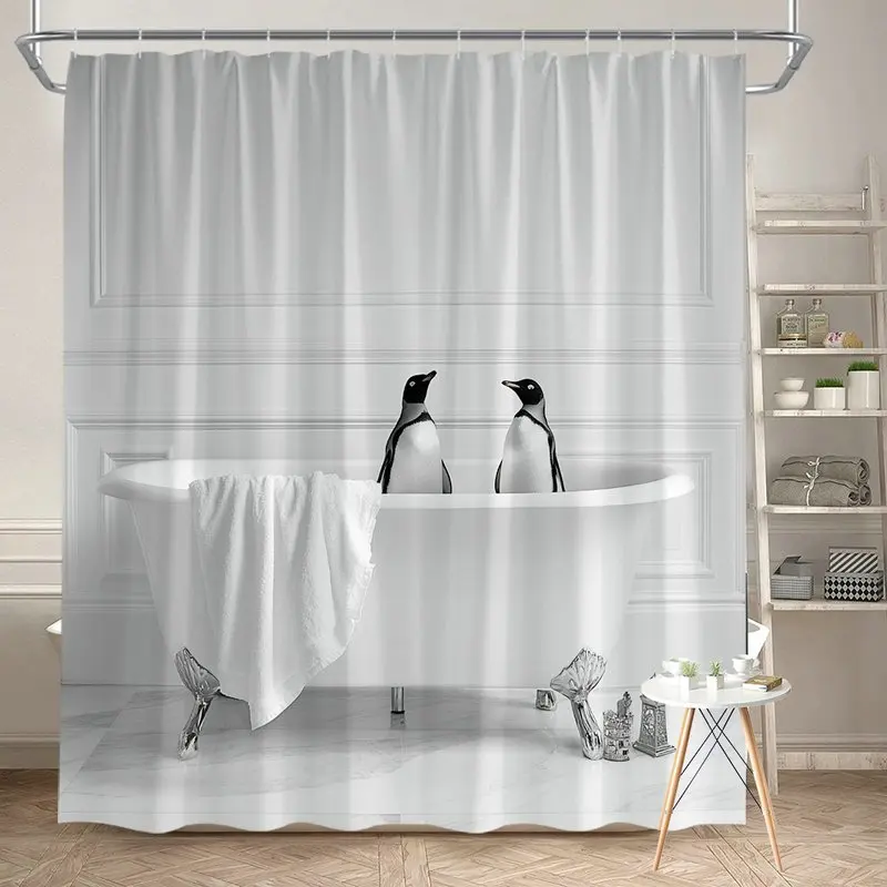 

funny penguin in bathtub shower curtain for modern bathroom decor minimalist black and white design with playful animal art