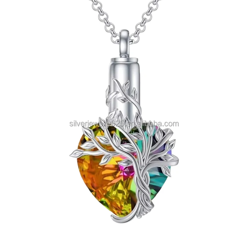 

Hot Selling 925 Sterling Silver Tree Life Heart Cremation Pet Urn Crystal Natural Ashes Keepsake Necklace Pendant for Gift