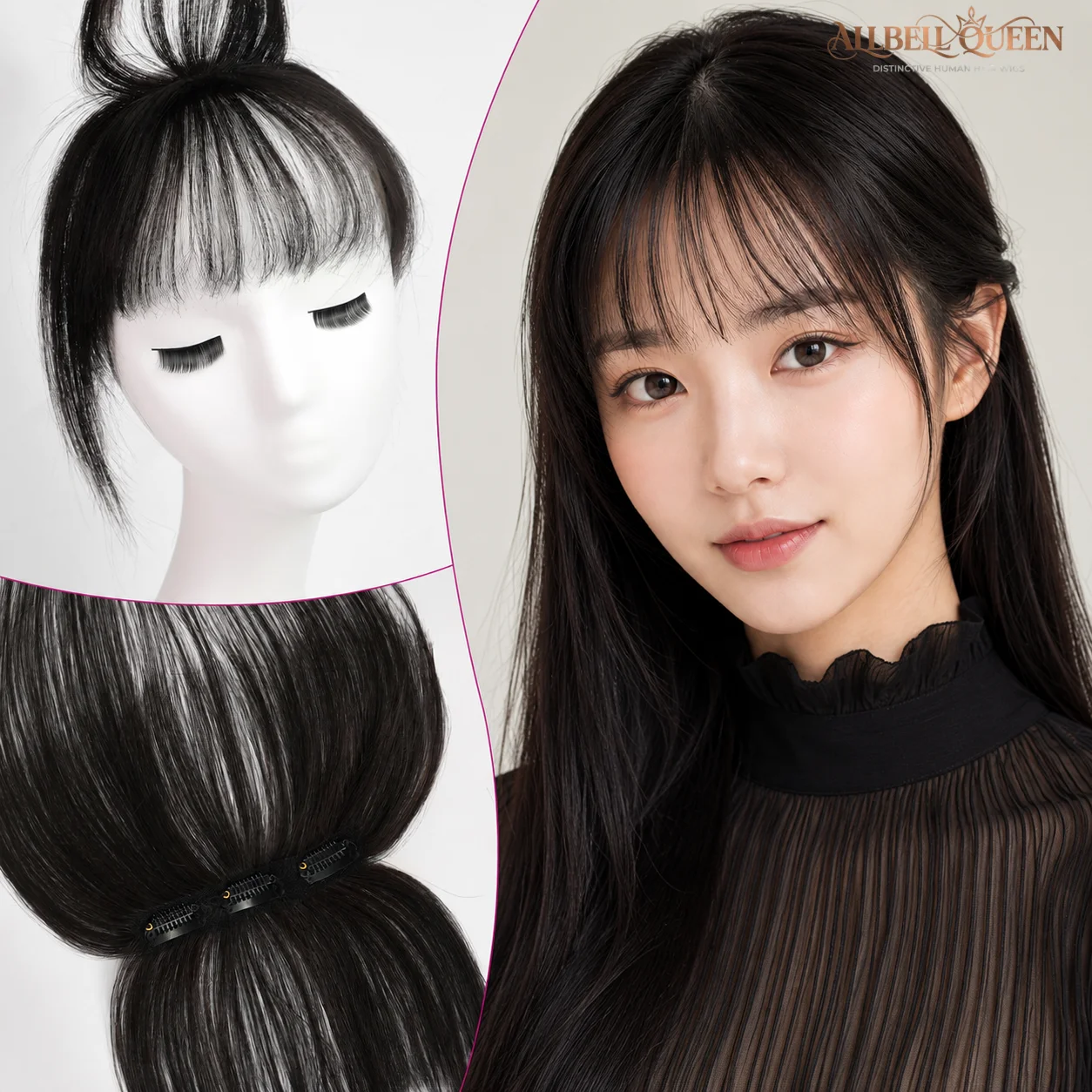 Straight Bangs 100% Human Hair Natural Black Upgraded 3D Air Wispy Fringe with Sideburns Clip in Hair Extensions for Women Daily