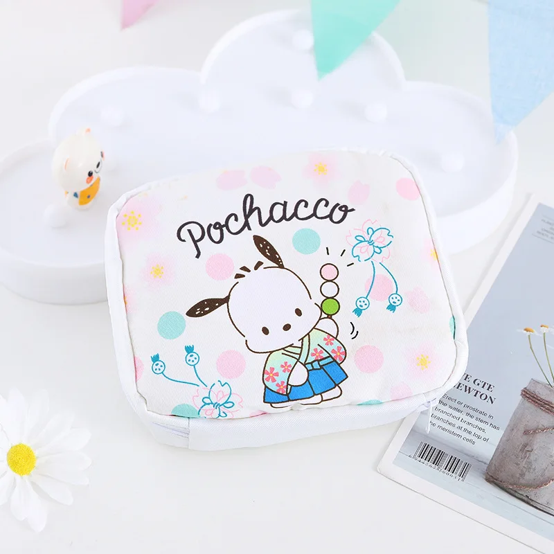 Sanrio Pochacco Cinnamoroll Sanitary Napkin Zipper Bag Coin Purse Anime Girl Student Portable Storage Canvas Cloth Wallet Gift