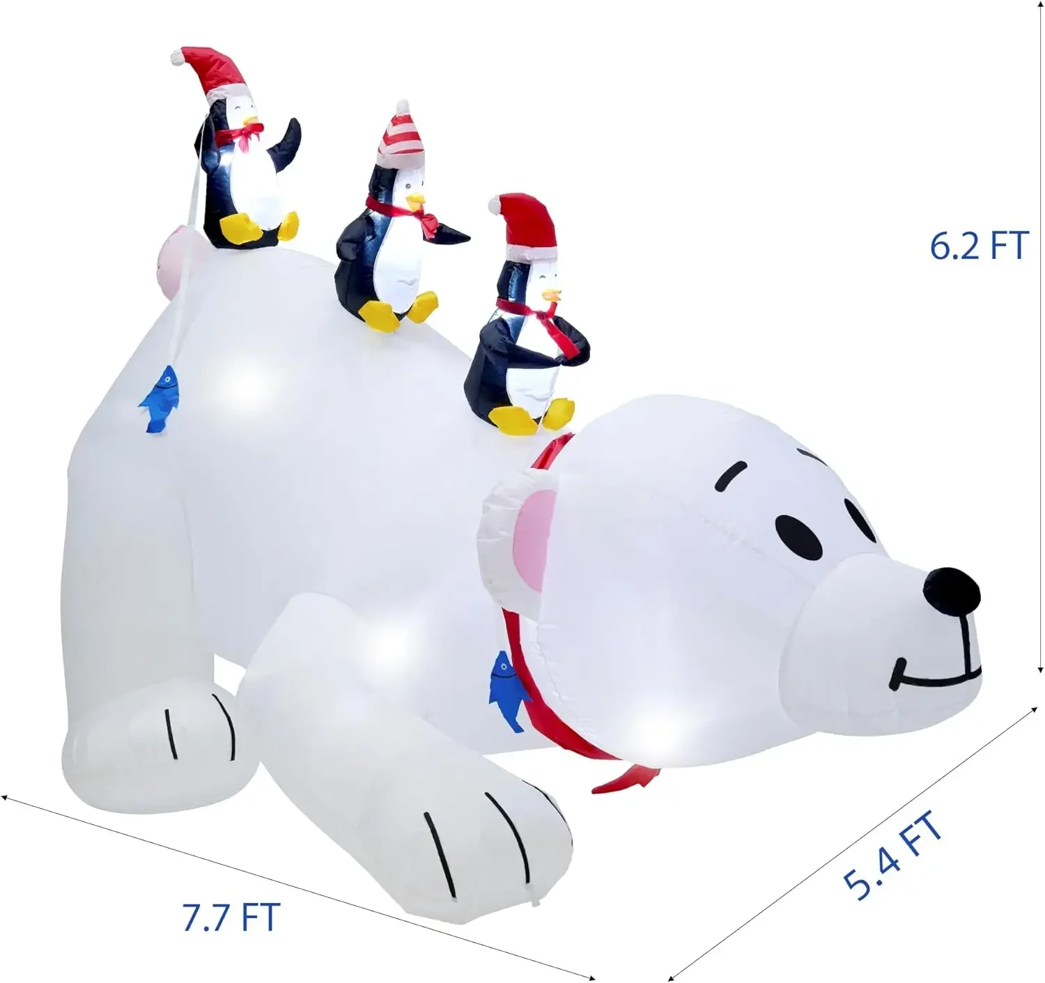 Christmas 7.7(L) x 6 FT(H) Inflatables Lighted Polar Bear with Three Penguins, Blow Up White Bear Happy Fishing Penguin