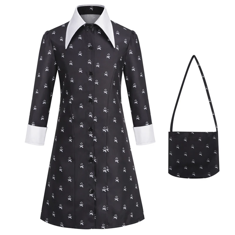 

Girls French Retro Bow Print Dress Set Contrast Collar Matching Bag Halloween Party