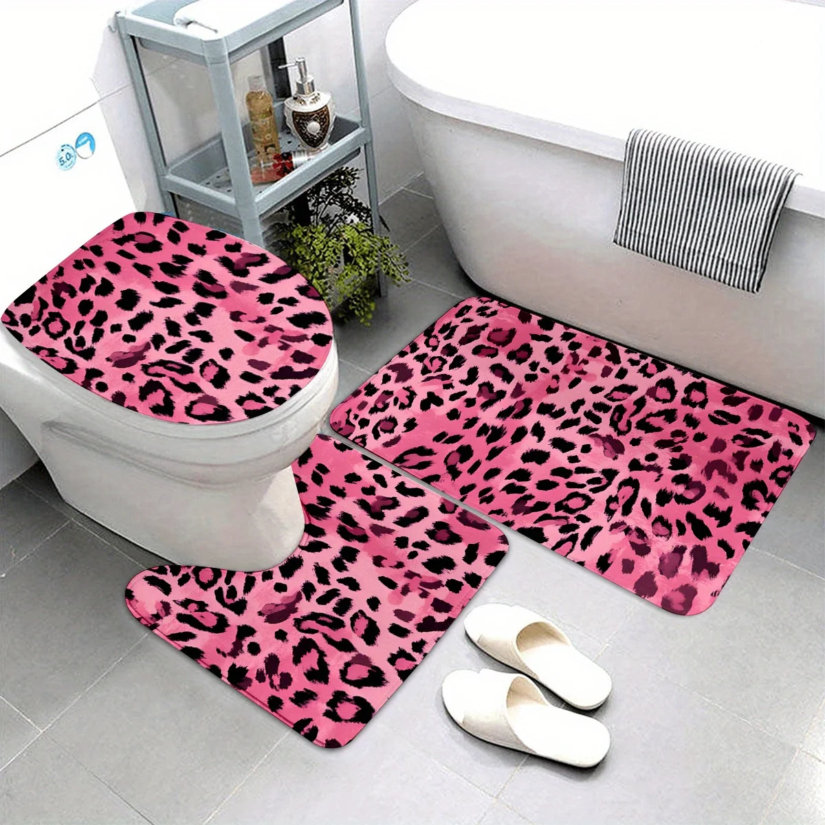 3pcs Leopard Print Lovers Must Have This! Fashionable Leopard Print Bathroom Bath Mat, Bath Rug Sets, Suitable for All Seasons,