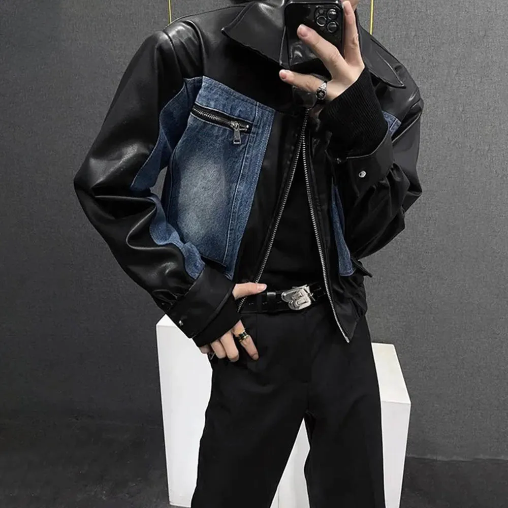

Men Autumn Pu Leather Jacket Denim Splicing Pu Leather Casual Jacket Streetwear Fashion Stage Performance Top Men'S Clothing New
