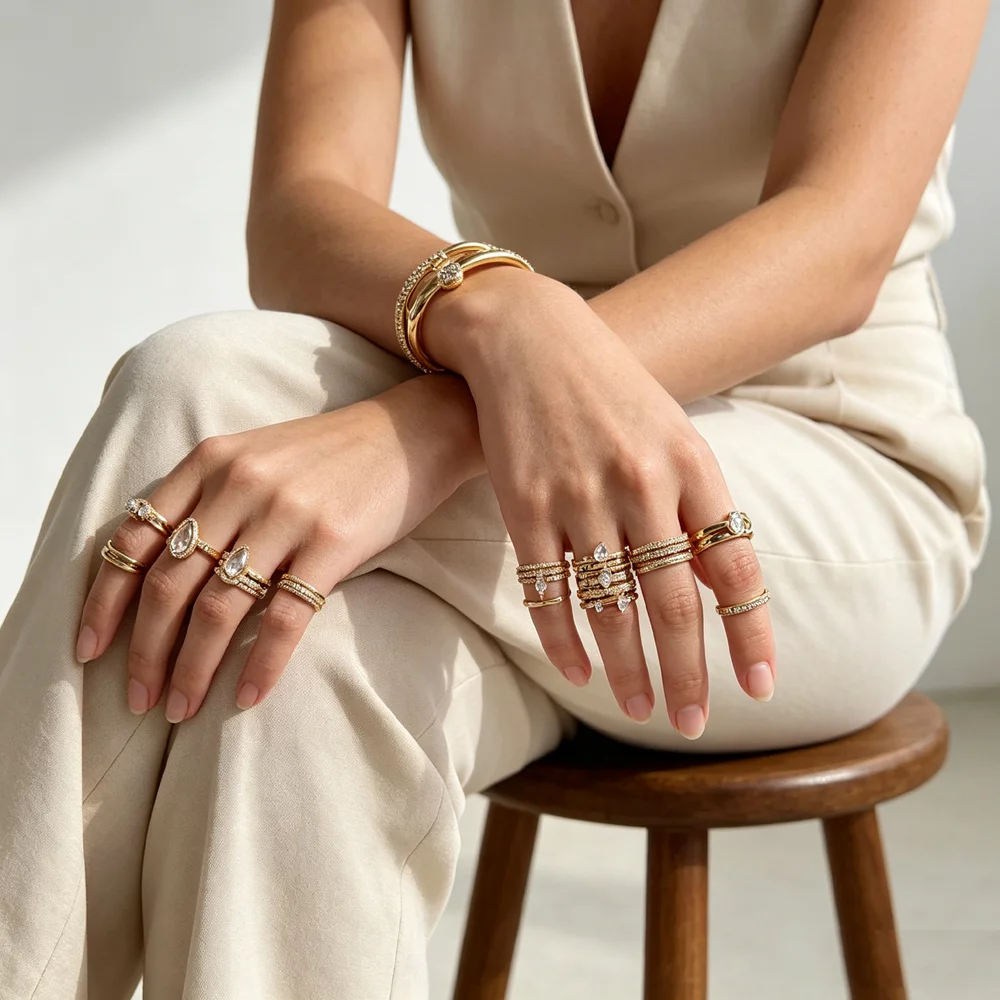 2Pcs Wavy Curved Stackable Ring Set For Women Pave Cubic Zirconia Smooth Glossy Metal Band Fashion Party Finger Jewelry gift