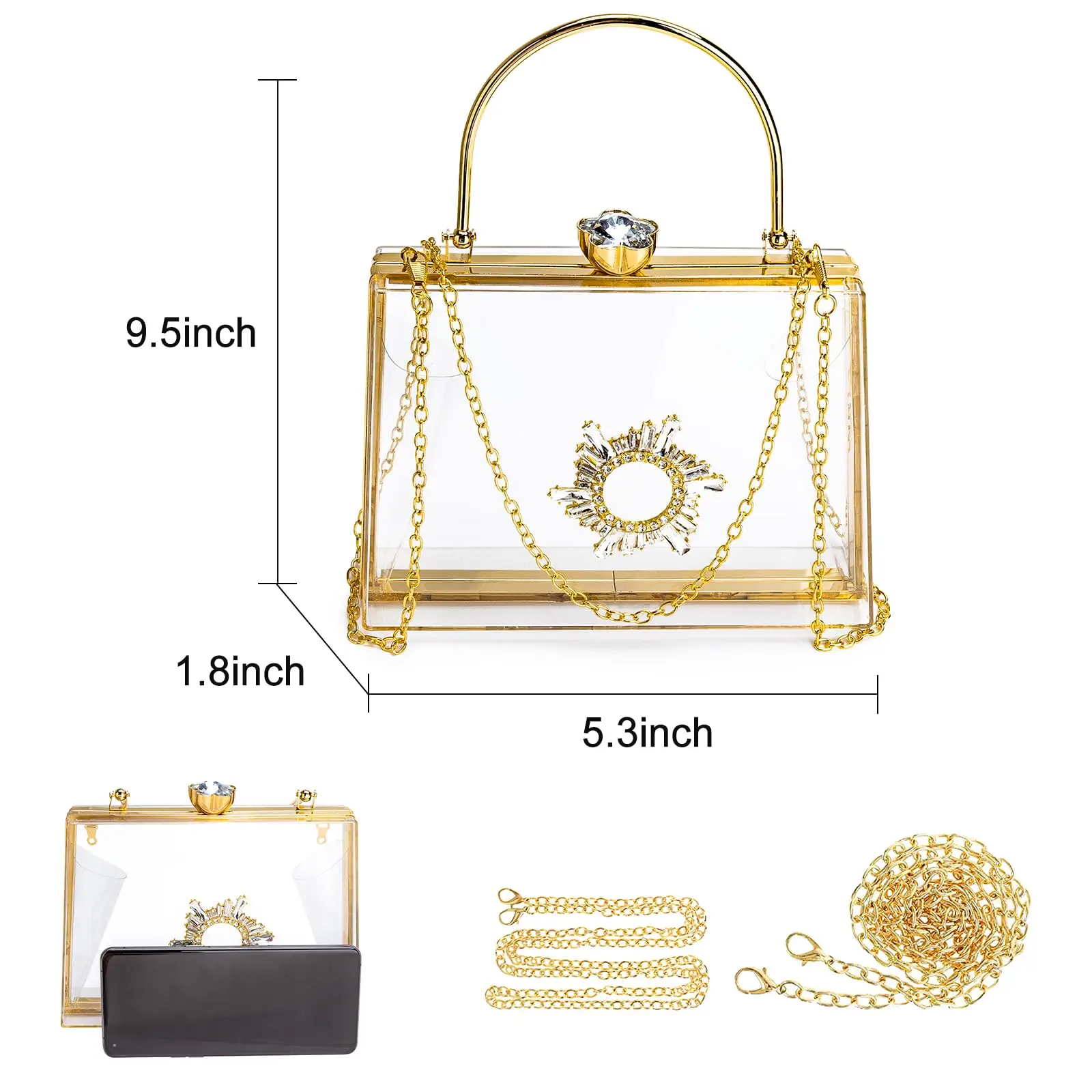 Transparent Acrylic Handbags Female Evening Party Bags With Rhinestone Gold Silver Metal Shoulder Bag For Wedding/Banquet