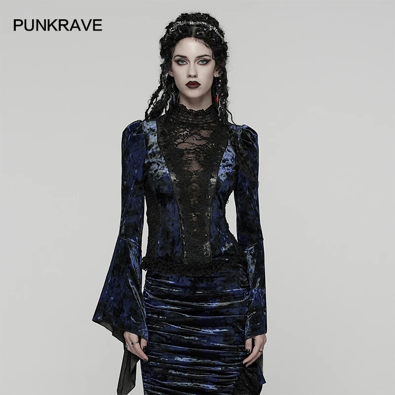 

PUNK RAVE Women's Gothic Gorgeous Lace Sexy Shirt Tie-dyed Velvet Collar Pleated Gemstone Rivets Decoration Blouse Tops 3 Colors