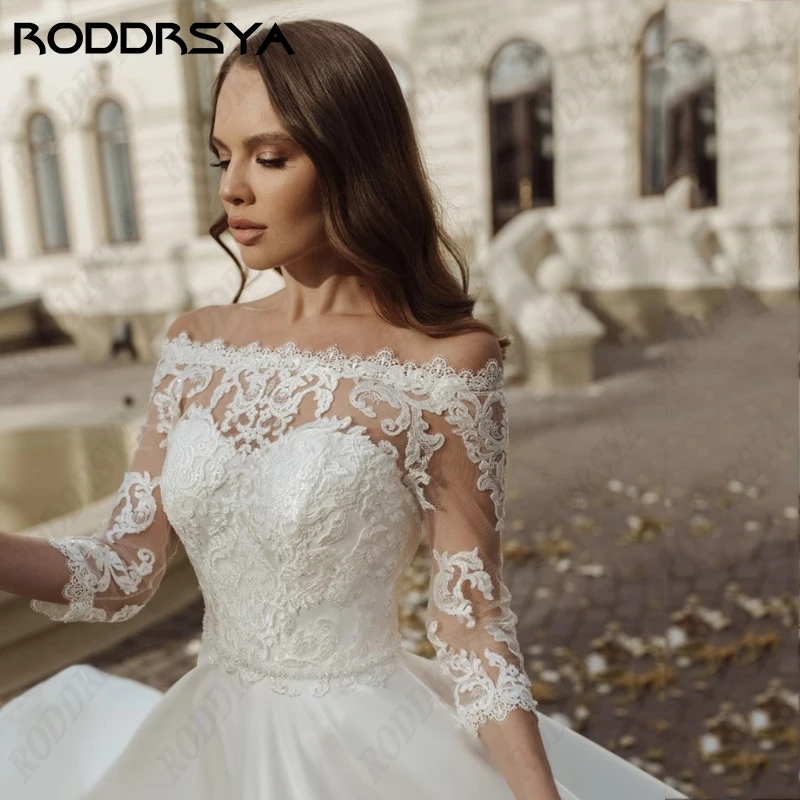 RODDRSYA koronka w stylu Vintage suknia ślubna z dekoltem w łódkę dla kobiet miękka satyna suknie ślubne w linii A Illusion Back robe de mariée Princesse